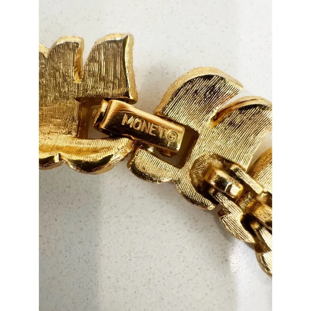 Vintage Signed Monet Gold Tone Textured Necklace | Collar with Teardrop Pendant